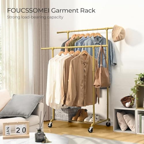 Heavy Duty Rolling Clothes Rack, Gold, Max 400Lbs, Double Rod Organizer