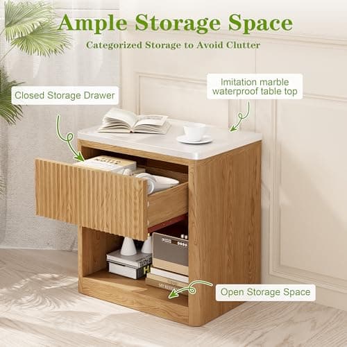 Yusong Natural Oak Fluted Nightstand with Drawer, Large Bedside Table
