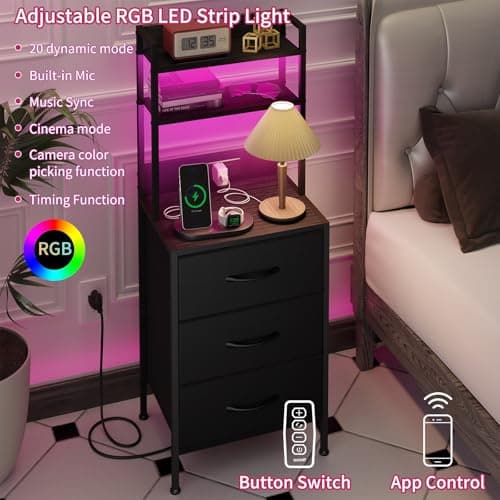 Fixwal 41 Inch Black Tall Nightstand with Charging Station & LED Light