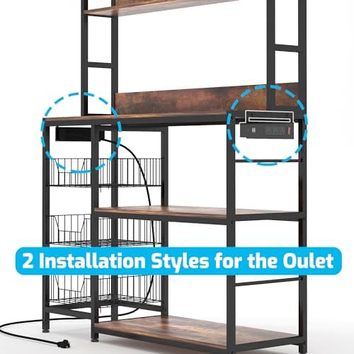 Vintage Brown 5-Tier Bakers Rack with Baskets and Hooks, Microwave Stand Shelf