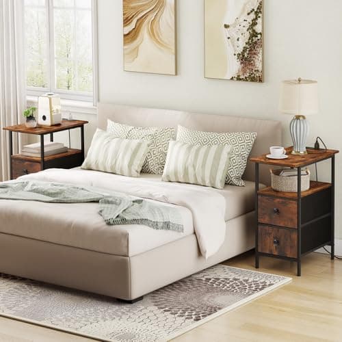 HOOBRO Adjustable End Table with Charging Station, Rustic Brown & Black, BF486UBZP201
