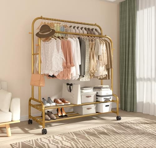 Sturdy Metal Double Rodding Clothes Rack with Wheels & Shelves, Black