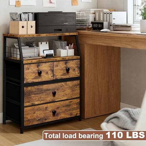 EnHomee Rustic Brown Nightstand with Charging & LED Lights, 4 Drawer Bedside Table, Wood Shelf, 2 USB Ports