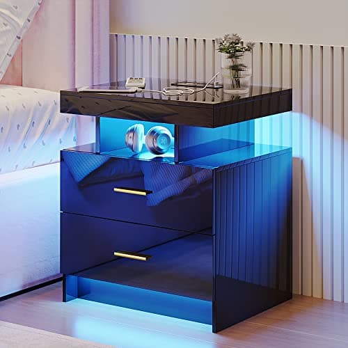 High Gloss Nightstand with USB/Wireless Charging, LED White Side Table with Storage Drawers