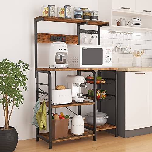 Kitchen Bakers Rack with Power Outlet and Storage