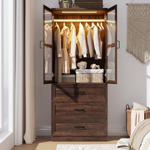 75" Tall Brown Farmhouse Armoire Wardrobe with 2 Doors, 3 Drawers & Rod