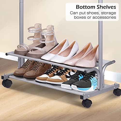 MISSLO 2-Shelf Rolling Metal Garment Rack, Silver Heavy DutyClothing Hanger