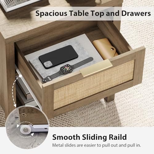 Caramel Oak Boho Rattan Nightstand Set with Drawer & Storage Shelf