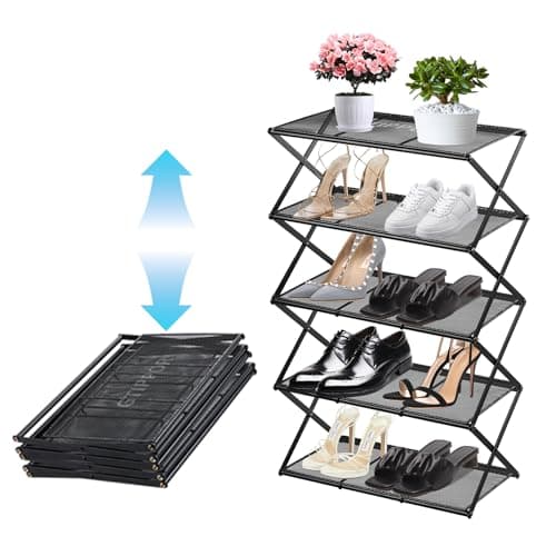 3-Tier Metal Foldable Shoe Organizer - Space Saving & Sturdy, Black