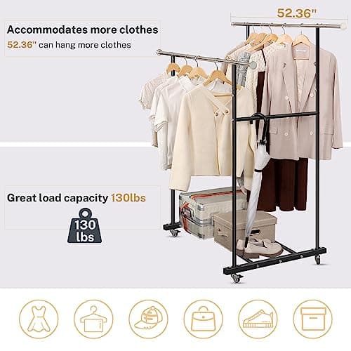 Heavy Duty Double Clothing Rack with Wheels, Black, 130LB Capacity