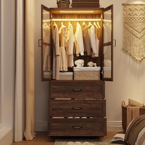 75" Tall Brown Farmhouse Armoire Wardrobe with 2 Doors, 3 Drawers & Rod