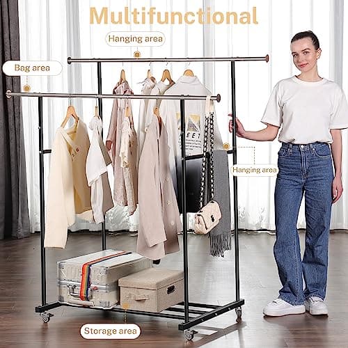 Heavy Duty Double Clothing Rack with Wheels, Black, 130LB Capacity