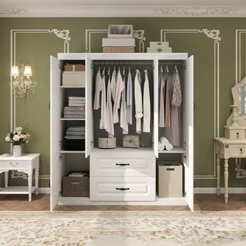 White Large Wood Armoire Wardrobe with 4 Doors 2 Drawers Shelves Hanging Rails