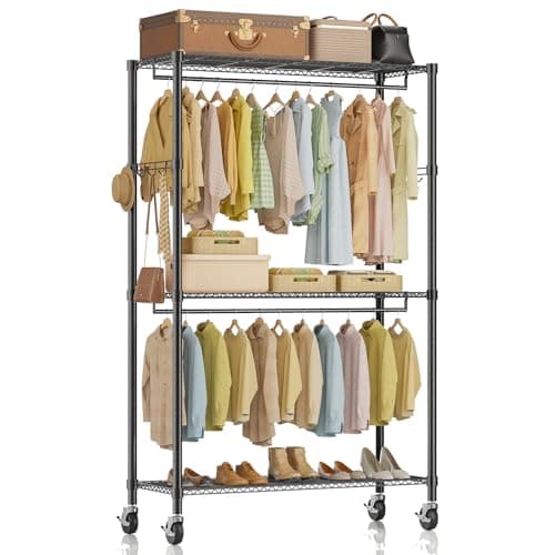 Heavy Duty Rolling Clothes Rack, 3-Shelf Black, 29.5" W x 75.6" H