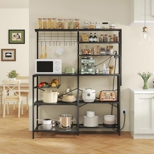 Black L-Shaped Bakers Rack with Power Outlet & Mesh Grid