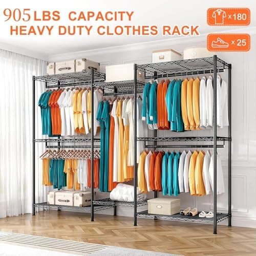 Raybee Heavy Duty Clothes Rack, 905LBS Load, Adjustable Wardrobe, Black