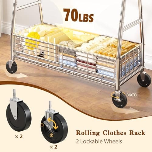 Raybee Heavy Duty 600LBS Clothing Rack, Adjustable & Portableewith Sturdy Wheels and ShelvesChrome