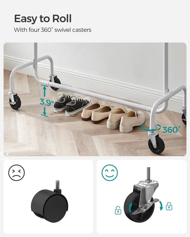 SONGMICS Heavy-Duty Rolling Clothes Rack, 286.6 lb Capacity, Extendable Rod, Matte White