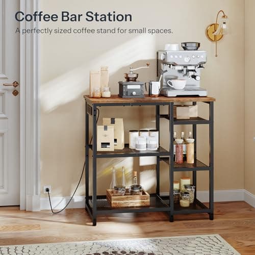 HOOBRO BF35UHB01 4-Tier Baker's Rack, Charging Station, Rustic Brown and Black