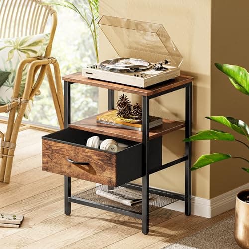 Huurger Nightstand Set of 2: Rustic Brown, Fabric Drawers & Mesh Shelf