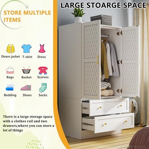 PAKASEPT Freestanding Wooden Armoire Wardrobe with Drawers and 2 Woven Doors