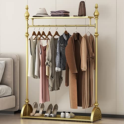 Industrial Gold Clothing Rack with Double Shelves, Heavy Duty Metal Coat Organizer
