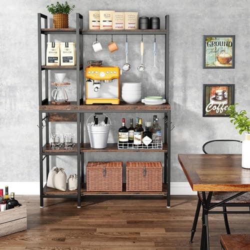 Tribesigns 43" Wide Bakers Rack with 5-Tier Shelves & 10 Hooks, Black Brown