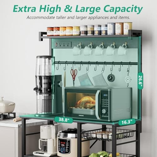 Gray Oak Large Bakers Rack with Power Outlets, 38.8 Inches, 15 Hooks, 3 Wire Baskets