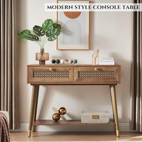 Rustic Oak Narrow Sofa Table with Drawers & Shelf, Modern Living Room Console