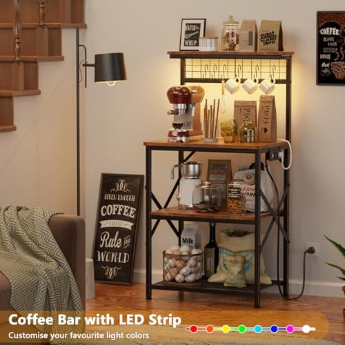 Furologee Rustic Brown Bakers Rack with Power & LED Light, 4 Tier Spices & Pot Storage