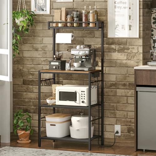 Rustic Brown Bakers Rack with Power Outlet & 6 Hooks for Kitchen BRHR36E01