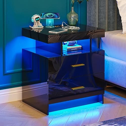 High Gloss Nightstand with USB/Wireless Charging, LED White Side Table with Storage Drawers