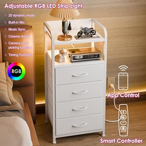 Fixwal Tall Night Stand with Charging Station, LED White Nightstand and 4 Fabric Drawers