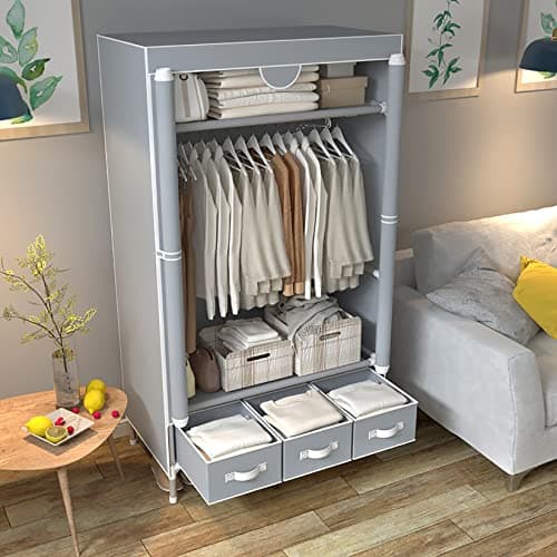 Portable Rolling Closet with Hanging Rack & 3 Drawers - Gray