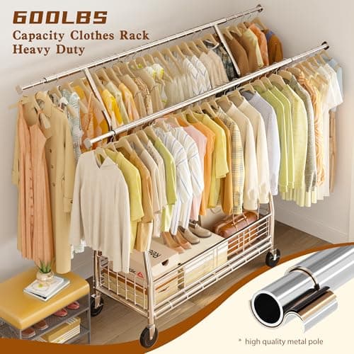 Raybee Heavy Duty 600LBS Clothing Rack, Adjustable & Portableewith Sturdy Wheels and ShelvesChrome