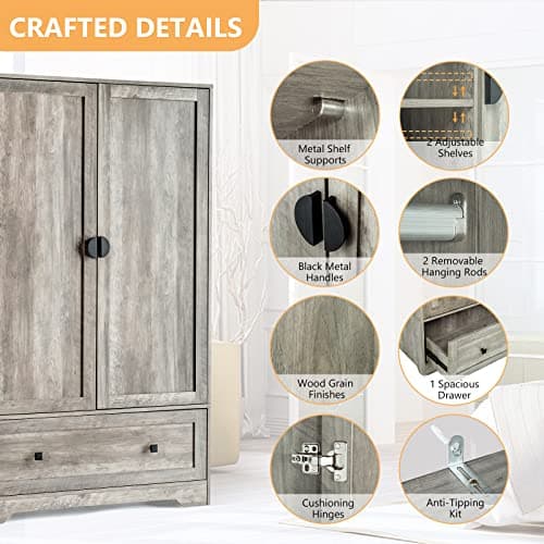 VINGLI Rustic Grey Wide Armoire Wardrobe Closet
