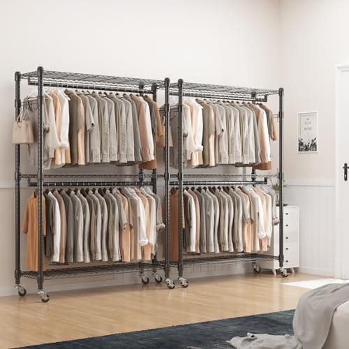 BATHWA Heavy Duty Rolling Wardrobe Rack, 8 Side Hangers, Black