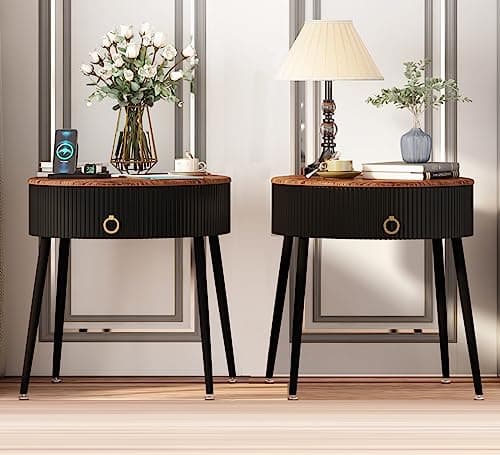 OIOG Modern Brown and Black Side Table Set, Round Nightstand with Drawer