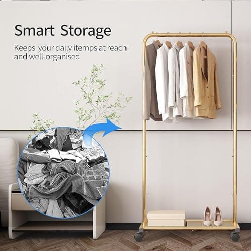 Golden Yellow Clothing Rolling Rack with Mesh Storageshelf