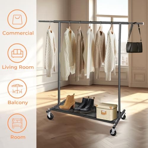 Heavy Duty Metal Rolling Clothing Rack with Lock, Bottom Shelves for Shoes, 63" H, Black