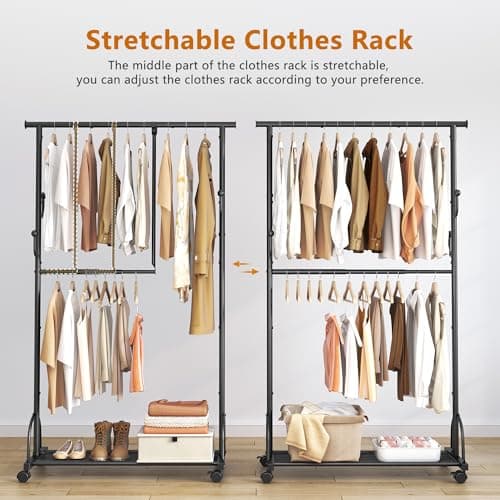 Double Rod Clothes Rack with Wheels - Rolling Garment Rack with Shelf, Sturdy Closet Organizer, Easy Assembly