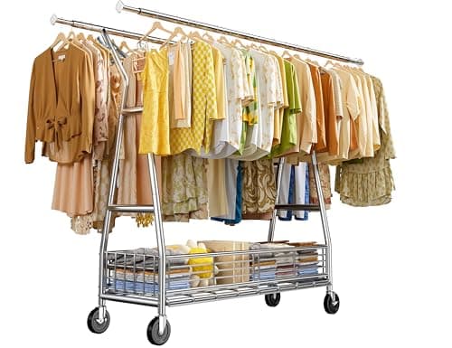 Raybee Heavy Duty 600LBS Clothing Rack, Adjustable & Portableewith Sturdy Wheels and ShelvesChrome