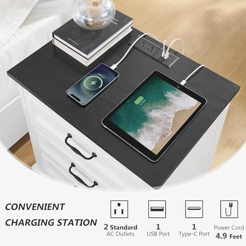 Alohappy Farmhouse Nightstand Set of 2, Wood Nightstand with 3 Drawers and Charging Station