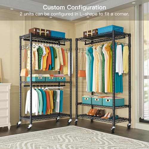 Heavy Duty 3-Tier Metal Closet Organizer, Rolling with Lock & Hooks, Max 450 LBS, Black