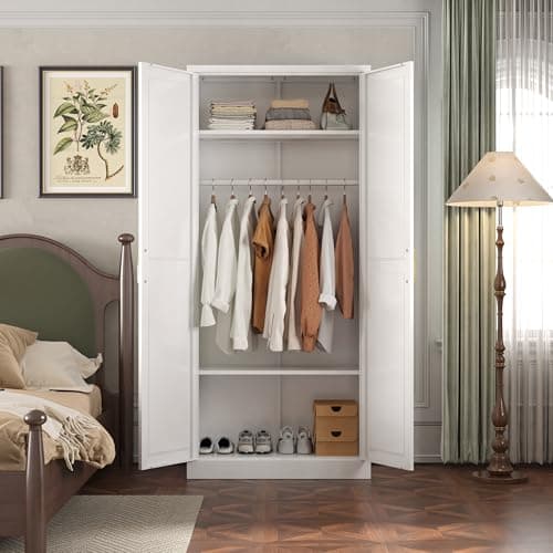 Metal Armoire Wardrobe with Hanging Rod and Shelves for Storage