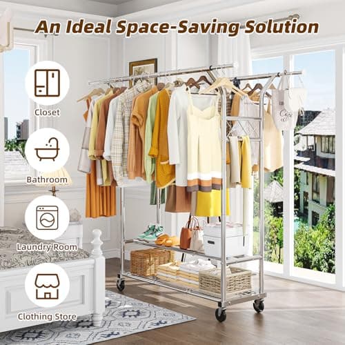 Heavy Duty Rolling Garment Rack, 620 LBS Load, Chrome Finish