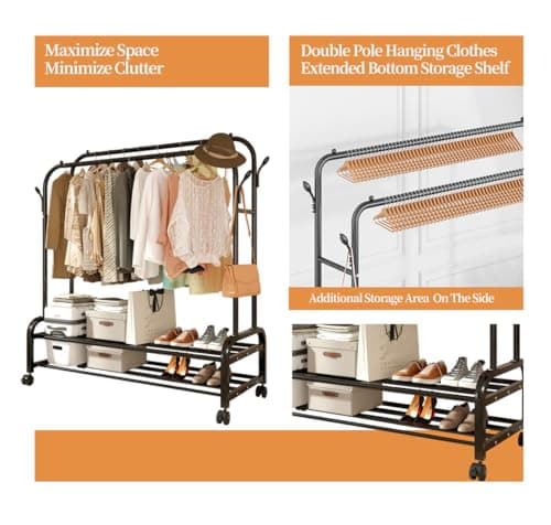 Sturdy Metal Double Rodding Clothes Rack with Wheels & Shelves, Black
