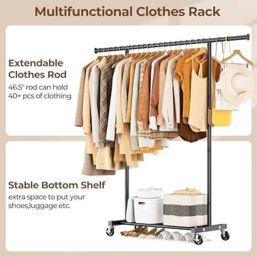 Portable Garment Rack with Wheels, 46.5 Sturdy Metal Clothes Organizer for Hanging Coats, Shirts, Dresses - Black