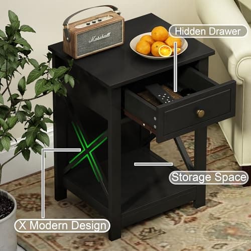 Treocho Black X-Design End Table Set of 2, Modern Nightstand for Small Bedrooms