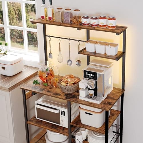 HOOBRO 6-Tier Bakers Rack with Power Outlet & LED Light, Rustic Brown & Black BF64UDHB01